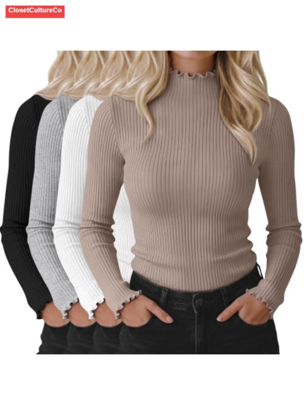 Cotton Mock Neck Long Sleeve Ribbed Tops Lettuce Trim 4 Pack